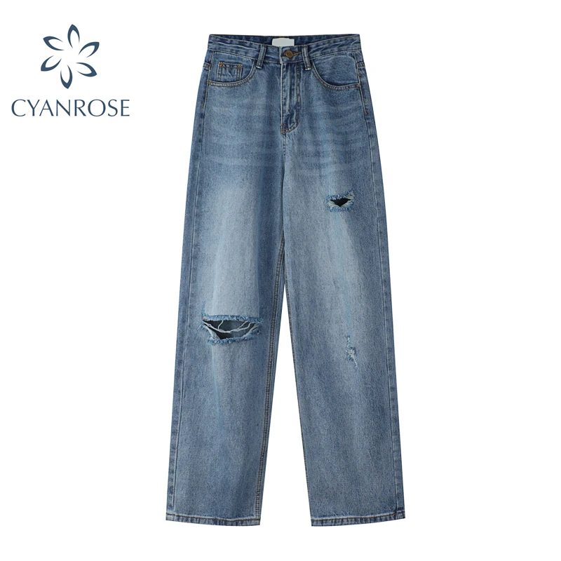 

Women Chic Fashion Ripped Hole Wide Leg Jeans 2021 Autumn New Streetwear Vintage High Waist Zipper Button Denim Long Pant Female