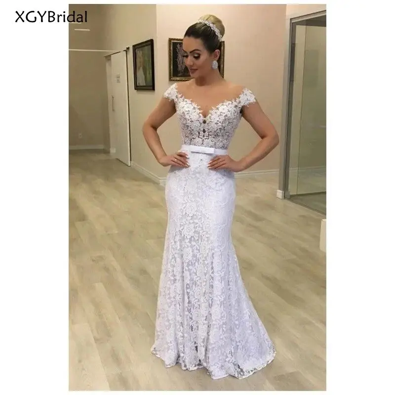 

New Sexy Mermaid Wedding Dresses Short Sleeves Sheer Scoop Neck Illusion Back Lace Bridal Gowns Dubai vestido de noiva