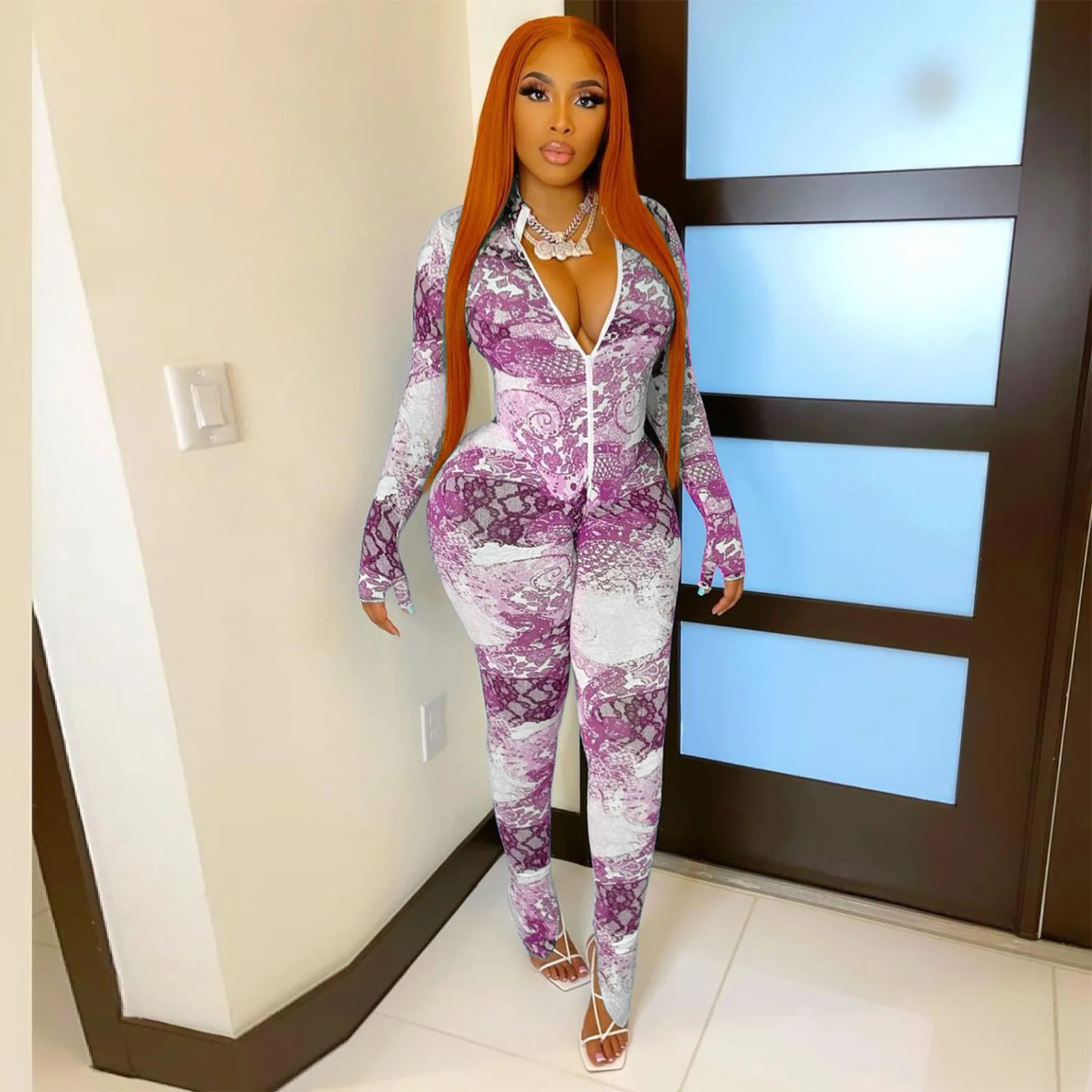 

Front Zipper Waves Printed Rompers Womens Jumpsuit Deep V Neck Full Sleeve Fitness Bodysuit Streetwear Split Hem Club Outfits