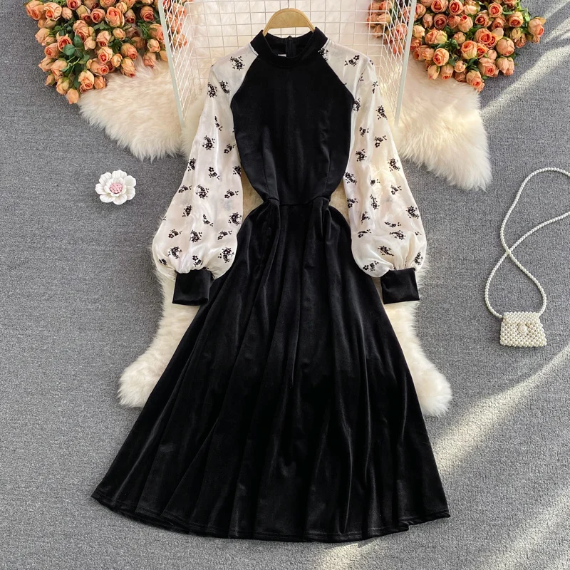 

Платье бархатное женское с длинным рукавом, модное тонкое элегантное вечернее, с вышивкой, с завышенной талией, в стиле кэжувечерние