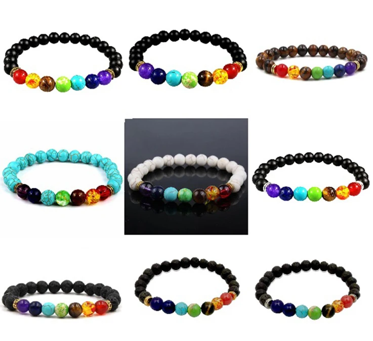 

8 mm 7 Chakra Healing Balance Beaded Bracelet Black Matte Stone Lava Bead Natural Stone Yoga Reiki blessing Charm Stretch Bangle