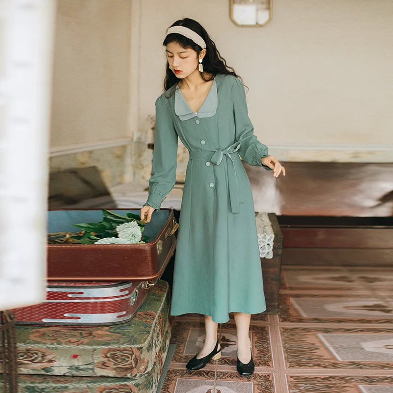 

Spring New French High Waist Dress Female Long Sleeve Lapel Single Breasted Belted Mid-Length Dress OL Style Green A-Line Dress