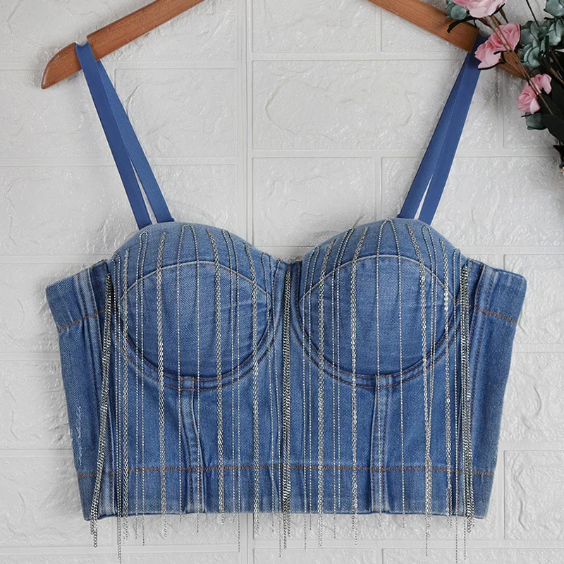 

Women Corset Tops Denim Bra Clothing Elegant Crop Top Sexy Party Bustier Tassel Chain Vest New Camis Cropped Fashion Female Tank