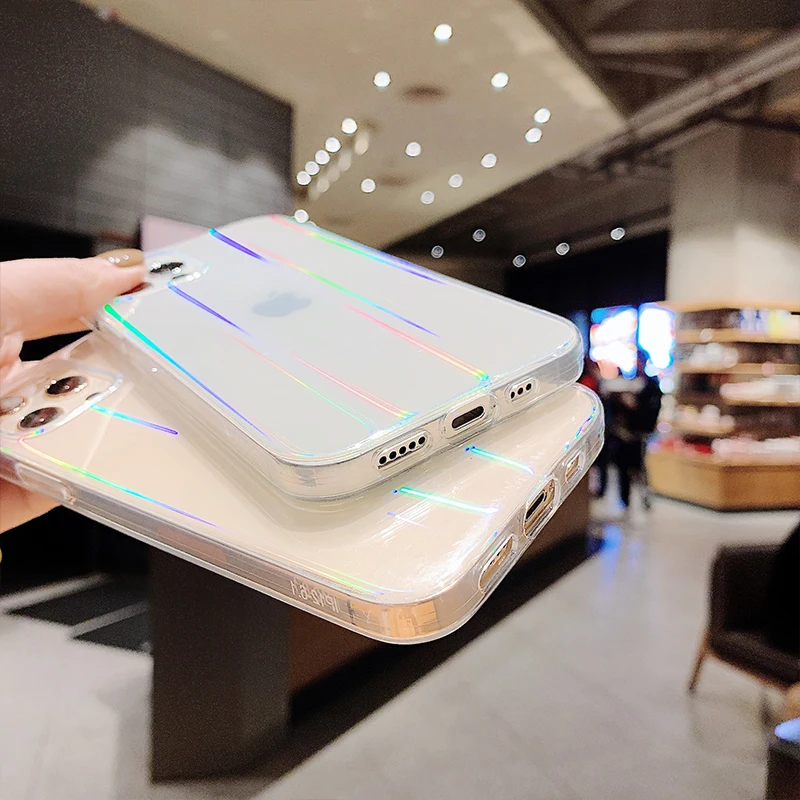 

Luxury Aurora Transparent Phone Case For iphone 11 Pro max 12 mini X XR XS 7 8 plus SE2020 Fashion Laser Rainbow Soft TPU Cover