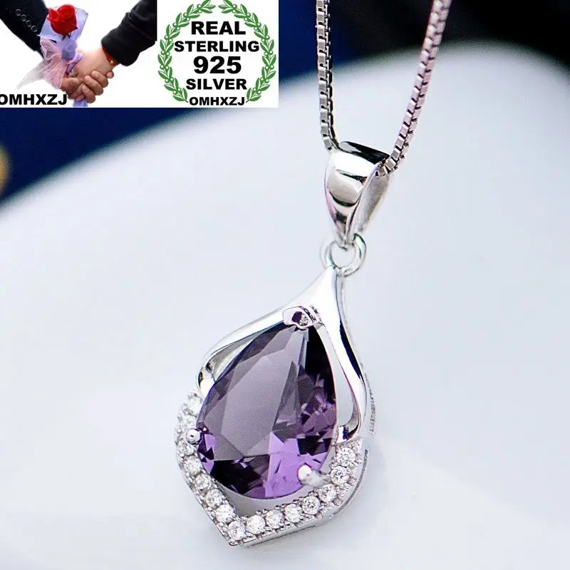 

OMHXZJ Wholesale European Fashion Woman Girl Party Wedding Gift Amethyst Zircon 925 Sterling Silver Necklace Pendant Charm CA88