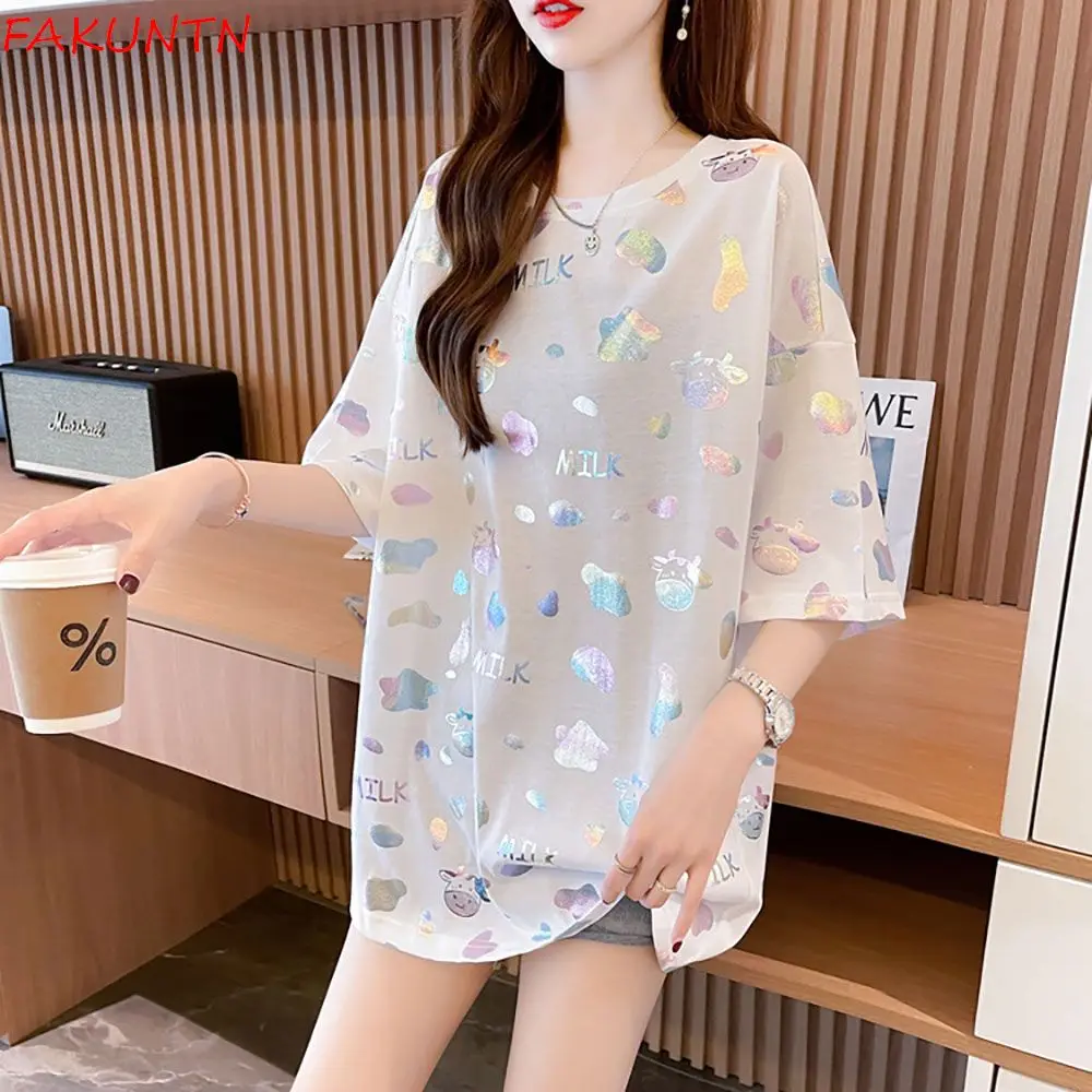 

FAKUNTN 2021 Summer Ladies Shiny T-shirt Retro Street Wear Loose Short Sleeve Oversize Top Women's Club Hip Hop Stylish Tshirts