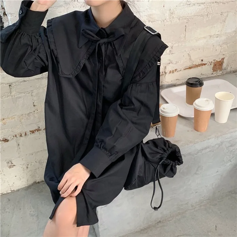 

Dress Womens Solid Kawaii Peter Pan Collar Bow Bandage Fresh Sweet Preppy Style Korean Version Ulzzang Loose Casual Daily New