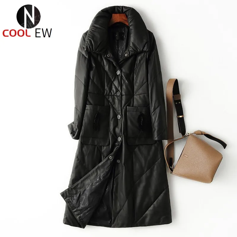 

Winter Women Long Sheepskin Down Jacket Single Breasted Trench Outwear Coat Ladies Thick Warm Windbreaker Genuine Leather Jacket