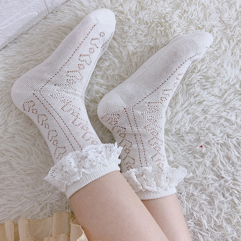 

Women Japanese Lolita Sock Sweet Heart Hollow Out Cotton Maid Tube Stockings Girls Kawaii JK U niform Loli Accessories Slouch 28