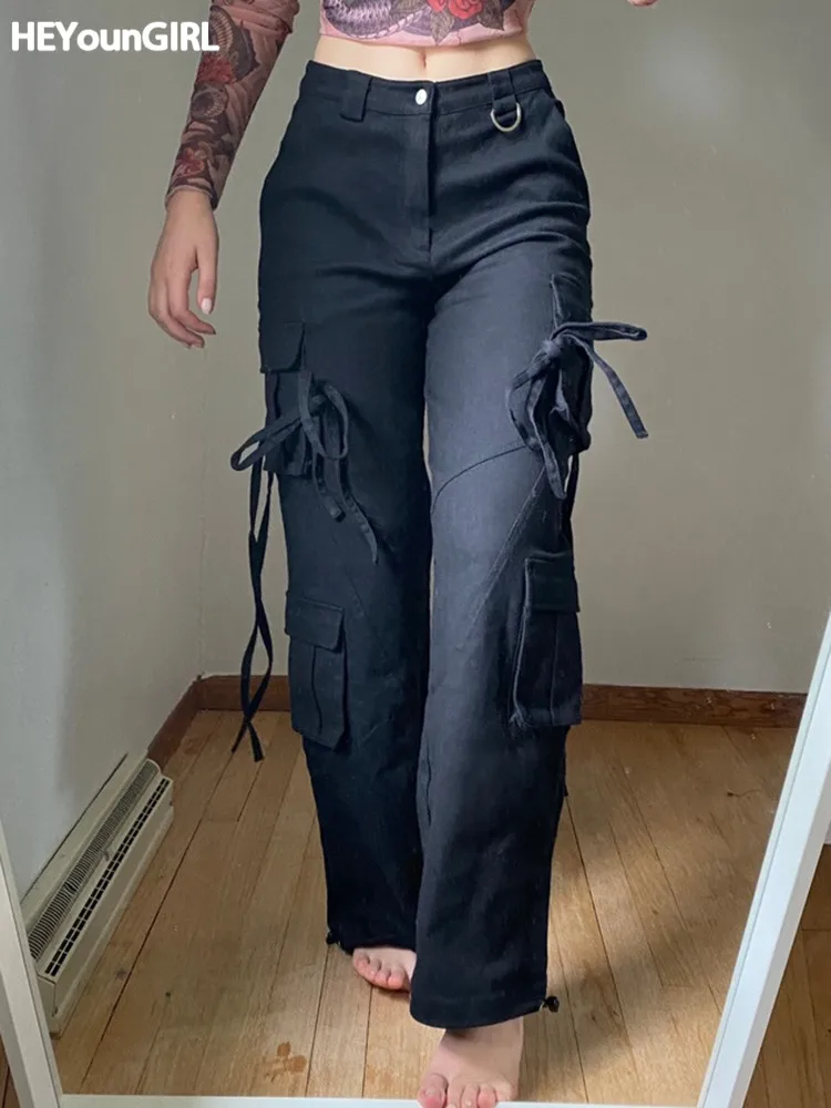 

Женские мешковатые джинсы HEYounGIRL с карманами, повседневные модные черные широкие брюки с высокой талией, джинсовые брюки в стиле Харадзюку д...