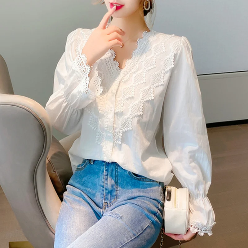Женская кружевная блузка с длинным рукавом винтажная белая рубашка V-образным