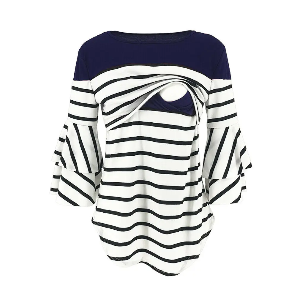 Style C Blue Полосатая Женская одежда для беременных с круглым вырезом и цветочным принтом, топы для кормящих мам, футболка для грудного вскармливания с длинным рукавом - Цвет: Style C Blue
