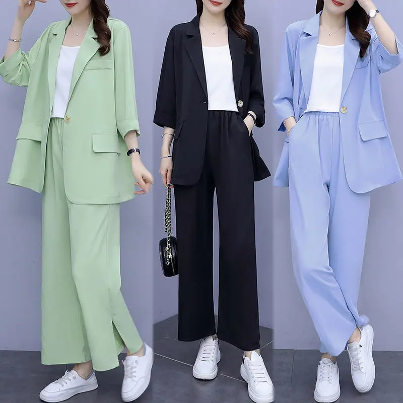

Two-piece Blazer Sets Spring Autumn Lady Blazer +Wide Leg Pants Two-piece Set Female Outerwear Plus Size Ladies Coat 4XL