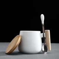 nordic style black white fat body coffee mug with wooden handle and spoon modern style office use water milk drinks ceramic cups