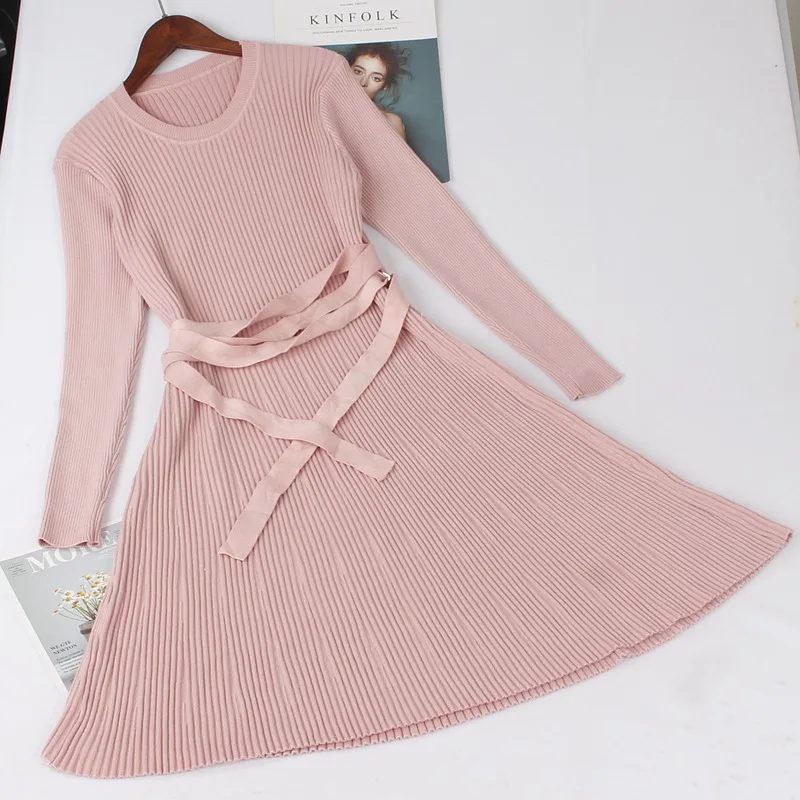 pink 1999 GIGOGOU осенне-зимнее теплое женское платье-свитер на шнуровке, толстые женские платья трапециевидной формы, тонкие трикотажные плиссированные платья - Color: pink 1999