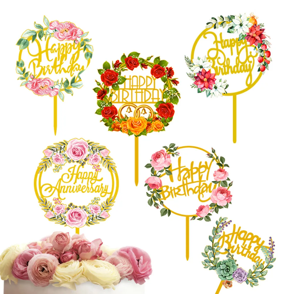 

1pcs Cake Topper Decoration Acrylic Flower Butterfly Color Printing Baking Party Happy Birthday Dessert Decoration Insert