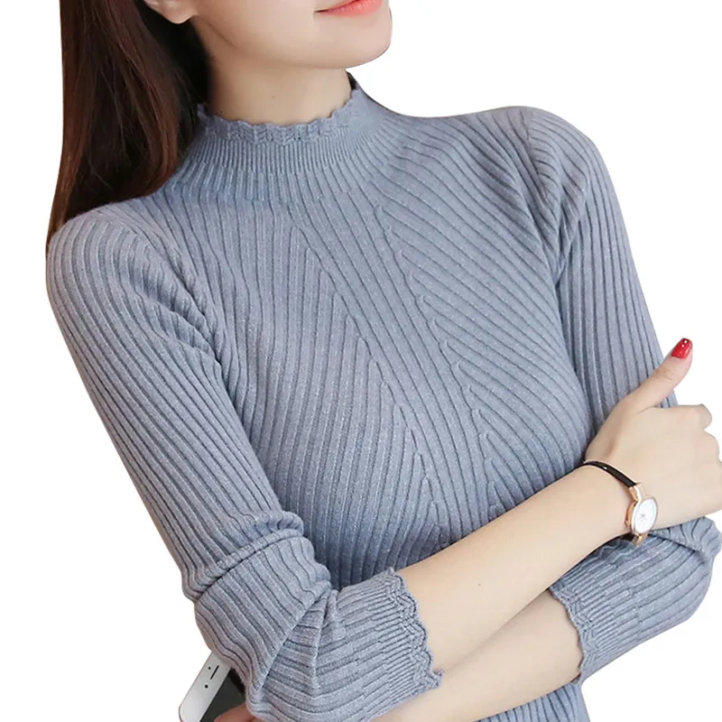 Женский трикотажный свитер-водолазка с длинным рукавом и кружевом | Женская - Фото №1