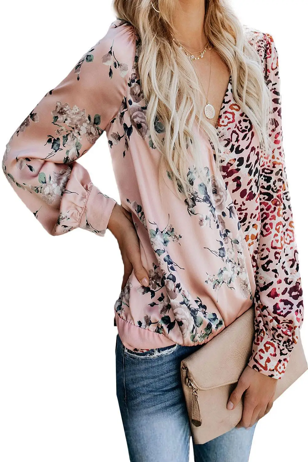 Новинка Леопардовый принт контрастный v образный вырез длинный рукав блузка