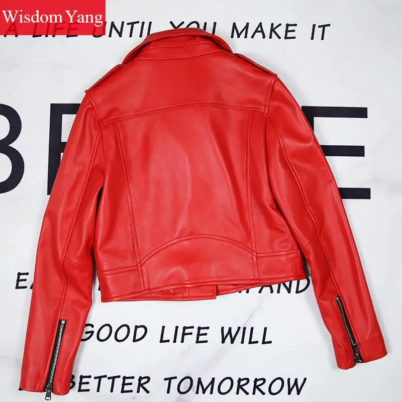 Genuine Sheepskin Leather Short Jackets Coat Womens Autumn Black Red Khaki Biker Coat Moto Ladies Streetwear Outerwear Overcoat