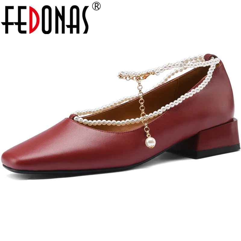 

FEDONAS Vintage Wedding Shoes Woman Pearl Decoration Genuine Leather Thick Heels Pumps 2021 Spring Summer Newest Women Shoes