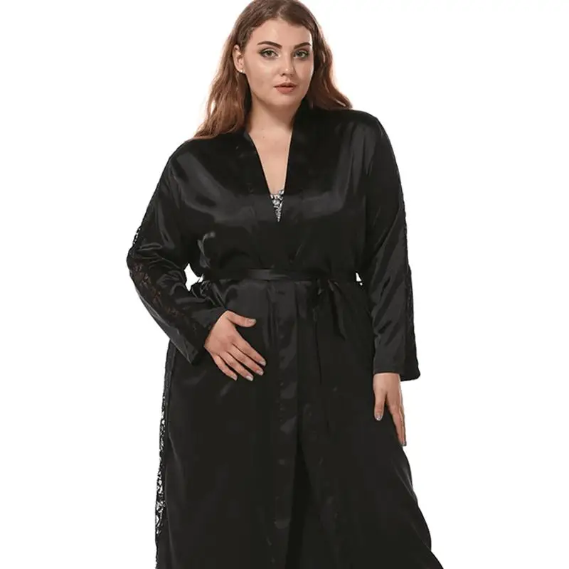 Черный пижамы для женщин большие размеры халат Женская кружевная пикантная