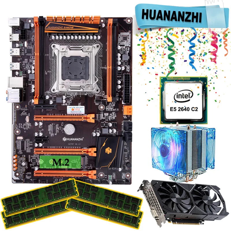 

HUANANZHI X79 deluxe gaming motherboard set with cooler E5 2640 RAM 64G DDR3 1333MHz RECC GTX1050ti 4G DDR5 video card