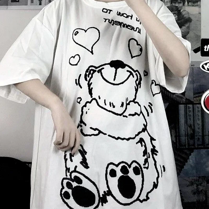 

Harajuku Heart Bear 2021 Woman T-shirts Alt Clothes Aesthetic Fashion Punk Graphic T Shirts Women MINGLIUSILI Summer Tee Shirt