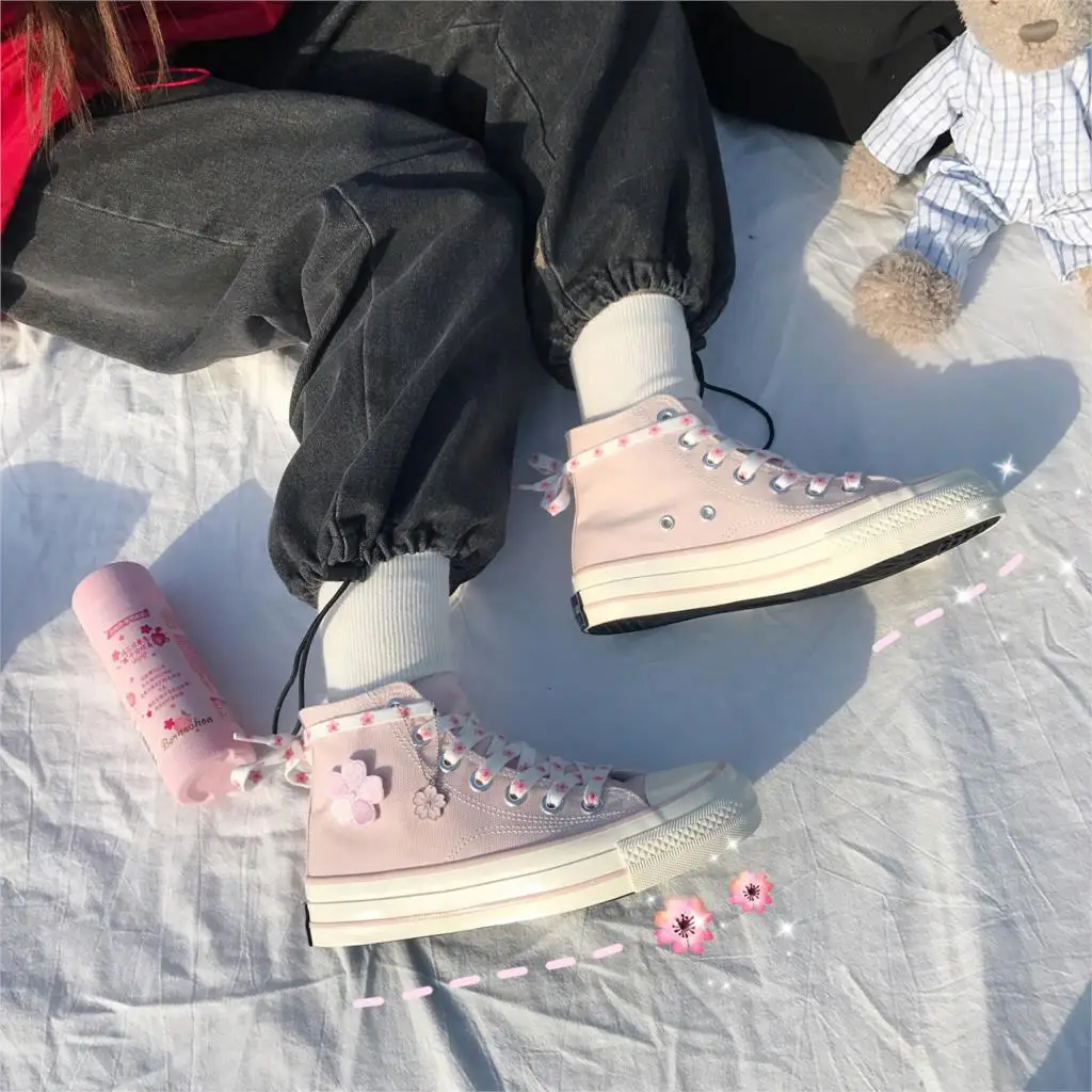 

Spring Designer Women Canvas Sneakers Cute Sakura Pink Shoes High Top Thick Heels Sneakers Casual Running Platform Lolita Shoes