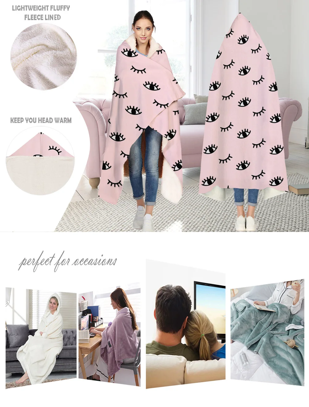 melhor Cobertor Com Capuz Personalizado Removível Portátil Pestanas Rosa Desenho Animado