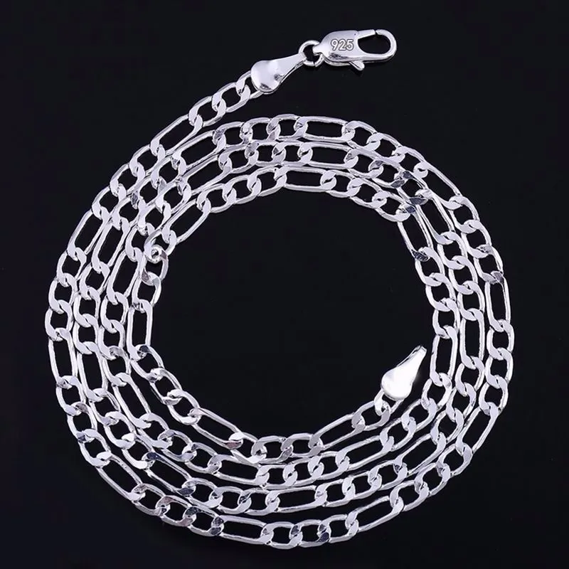 

4MM 925 Sterling Silver 16-30Inches Women Girls Wedding Flat Figaro Lobster Clasps Link Italy Curb Chain Necklace