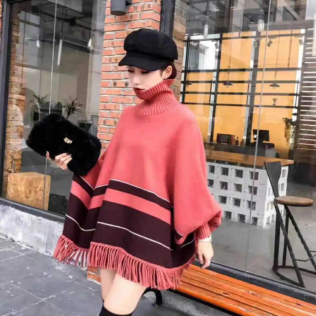 

Spring/Autumn Korean Tops Loose Striped Sweaters Women Turtleneck Tassel Cape Ladies England Style Batwing Sleeve Knit Clothes