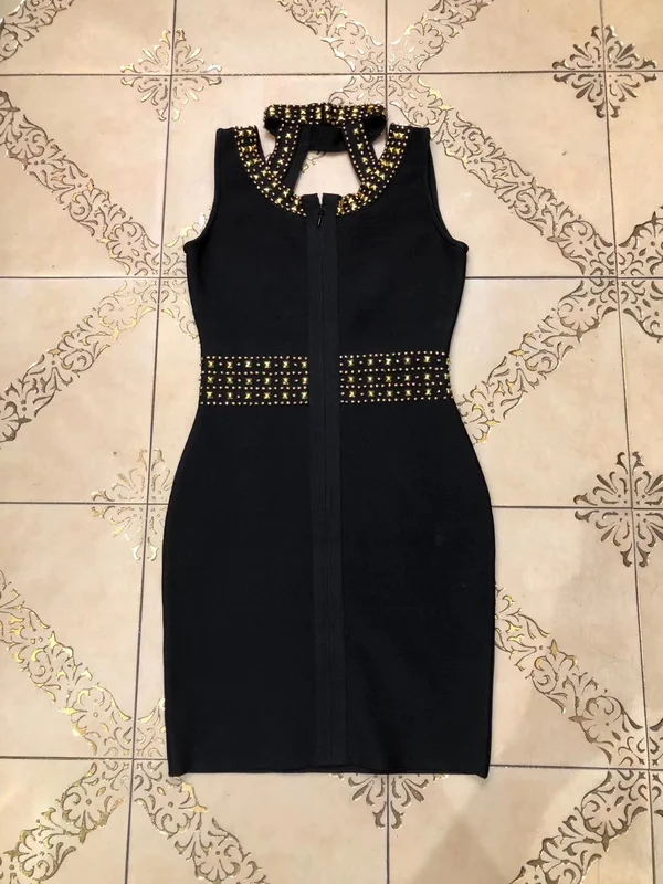 

High Quality Celebrity Black Beading Bodycon Rayon Bandage Dress Night Club Party Dress