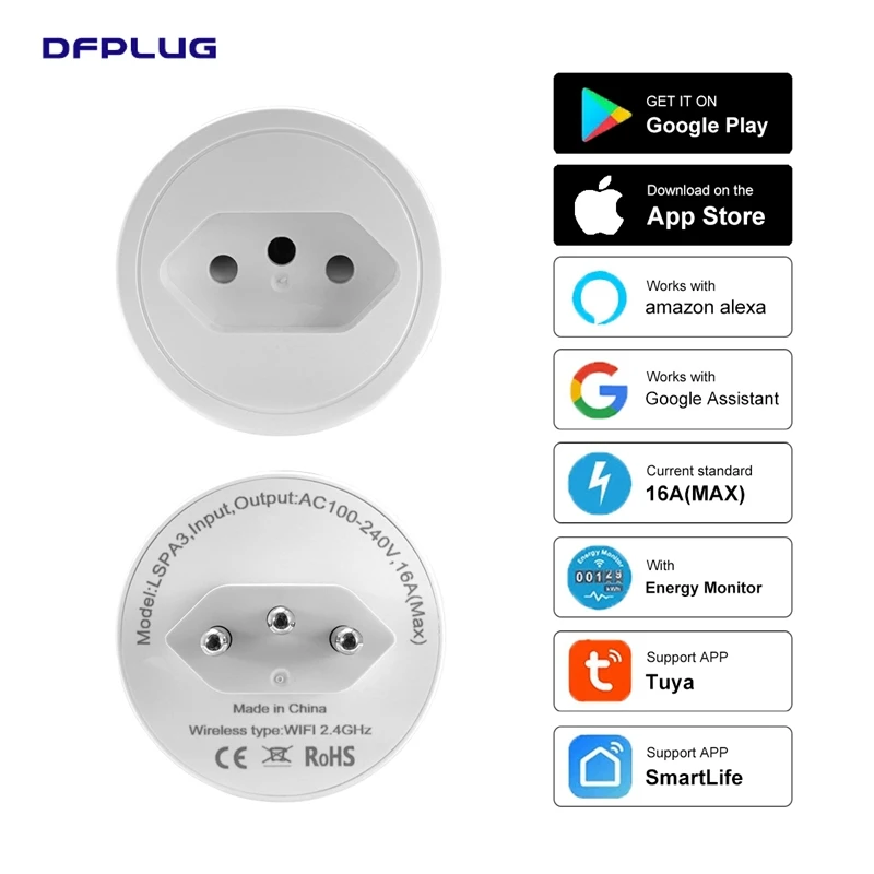 

Smart Socket Brazil WiFi Smart Home Plug Socket With Timer Power Monitor Tuya APP Voice Control Works For Google Home Alexa