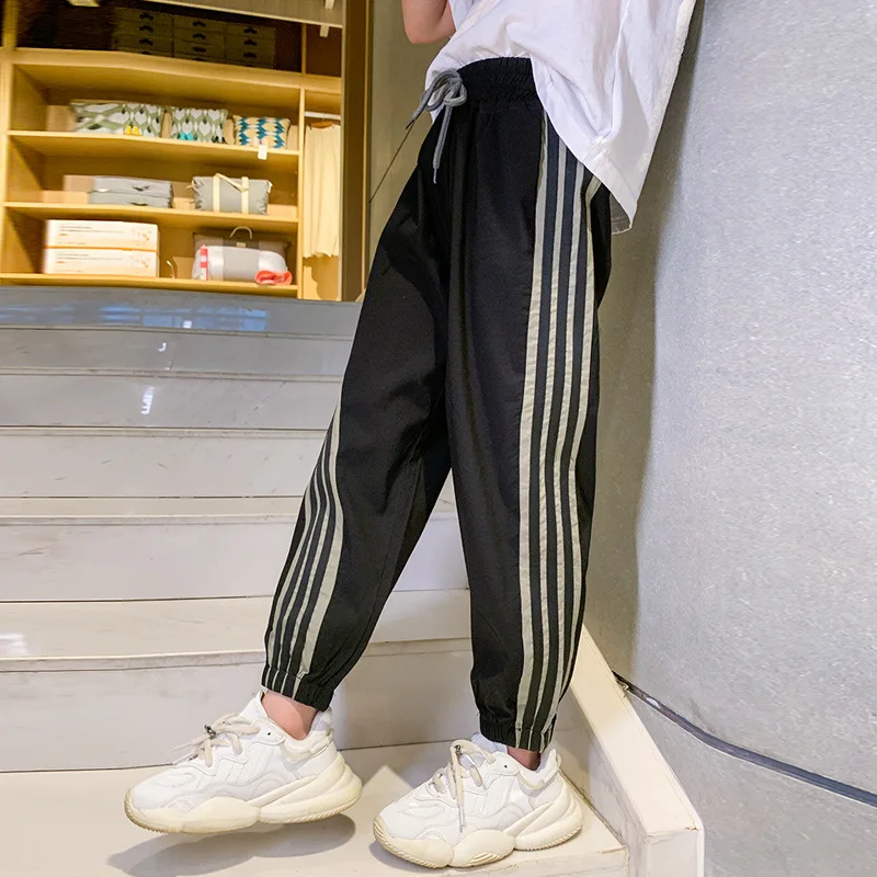 Лето 2020 модные штаны в полоску сбоку Тонкие для девочек повседневные брюки