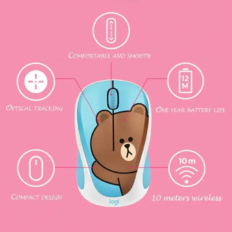 Беспроводная мышь logitech LINE FRIENDS, 2,4 ГГц, мини-цветная мультяшная usb-приемник, оптическая сенсорная игровая мышь для офиса, для ПК, ноутбука