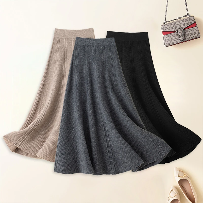 New style 100% pure cashmere knitted skirt women long high waist A-line skirt wool thick all-match knitted umbrella skirt