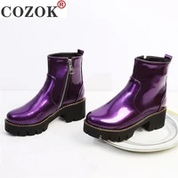 patent leather punk combat boots for women candy color purple yellow chunky thick heel