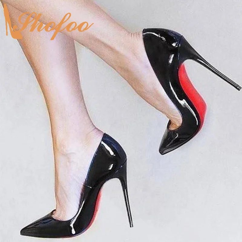 

Red Sole Black Patent Stiletto High Heels Women Pumps Pointed Toe Ladies Spring Autumn Mature Sexy Shoes Large Size 11 15 Shofoo