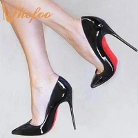 red sole black patent stiletto high heels women pumps pointed toe ladies spring autumn mature sexy shoes large size 11 15 shofoo