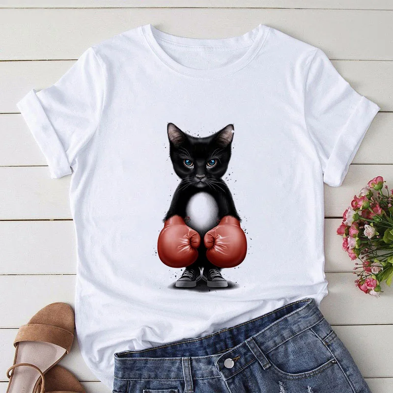 

Women Top Tees Harajuku kawaii Short Sleeve Ulzzang T-Shirt Femme Camisetas Mujer 2020 Funny Cartoon Cat Printed T Shirt
