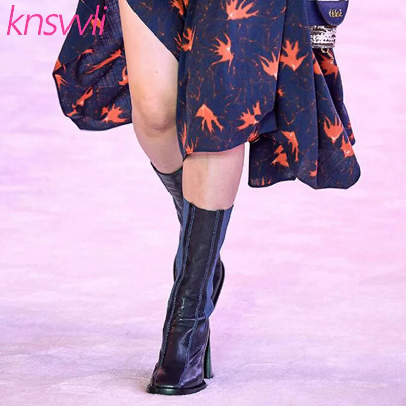 Новинка стильные кожаные носки ботильоны женские вязаные ботинки с квадратным