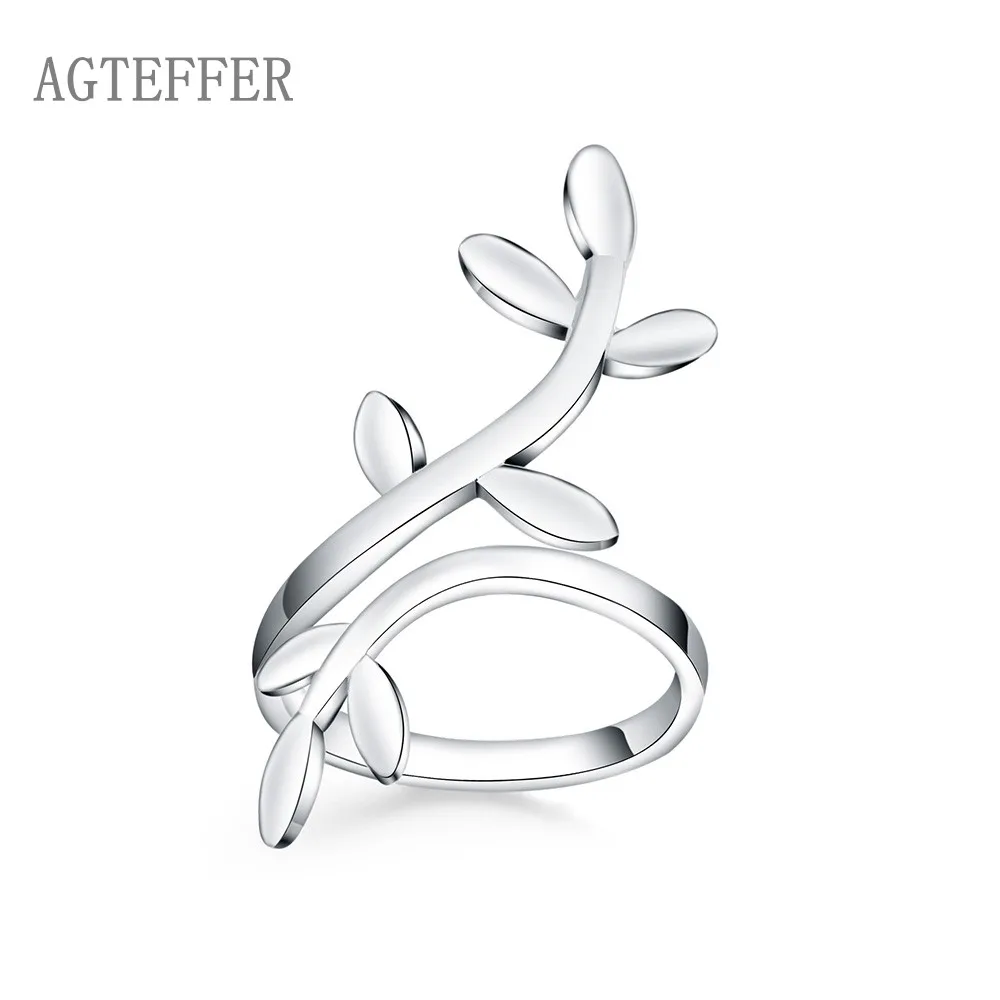 

AGTEFFER 925 Sterling Silver Leaf Open Ring Ladies Fashion Wedding Engagement Party Strap Jewelry Gift