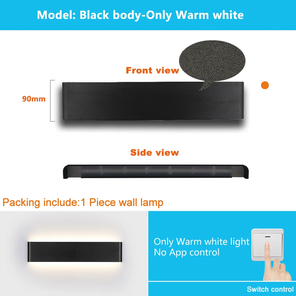 Black-Warm white Прямоугольная светодиодная настенная лампа, бра, умный дом, RGB, с регулируемой яркостью, приложение, дистанционное управление, Bluetooth, лампа для спальни, зеркальный светильник для ванной комнаты ZBD0001 - Цвет абажура: Black-Warm white