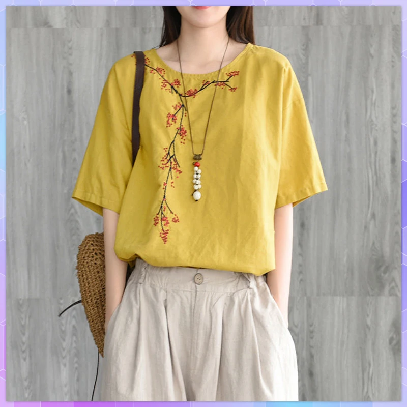 

Футболка женская с цветочной вышивкой, из хлопка и льна, с коротким рукавом