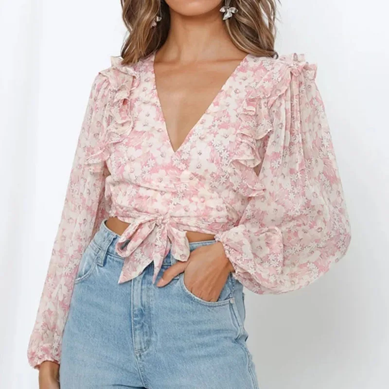 Винтажные Женские топы и блузки с цветочным принтом длинным рукавом весна 2020