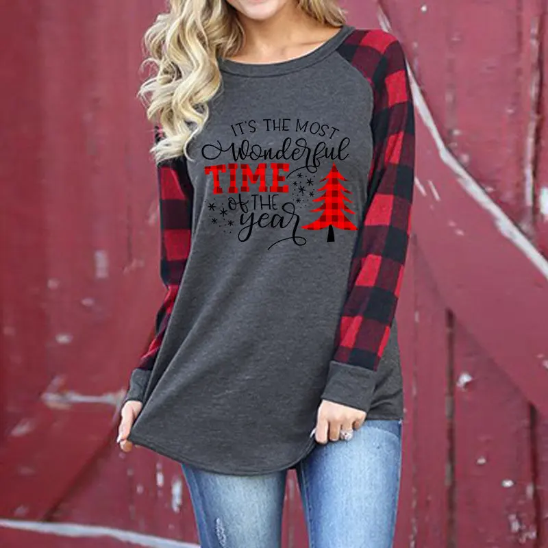 

Women Christmas The Most Wonderful Time Long Sleeve Autumn Floral Ladies Letters Casual Tee Slogan Trendy Top Aesthetic T-Shirt