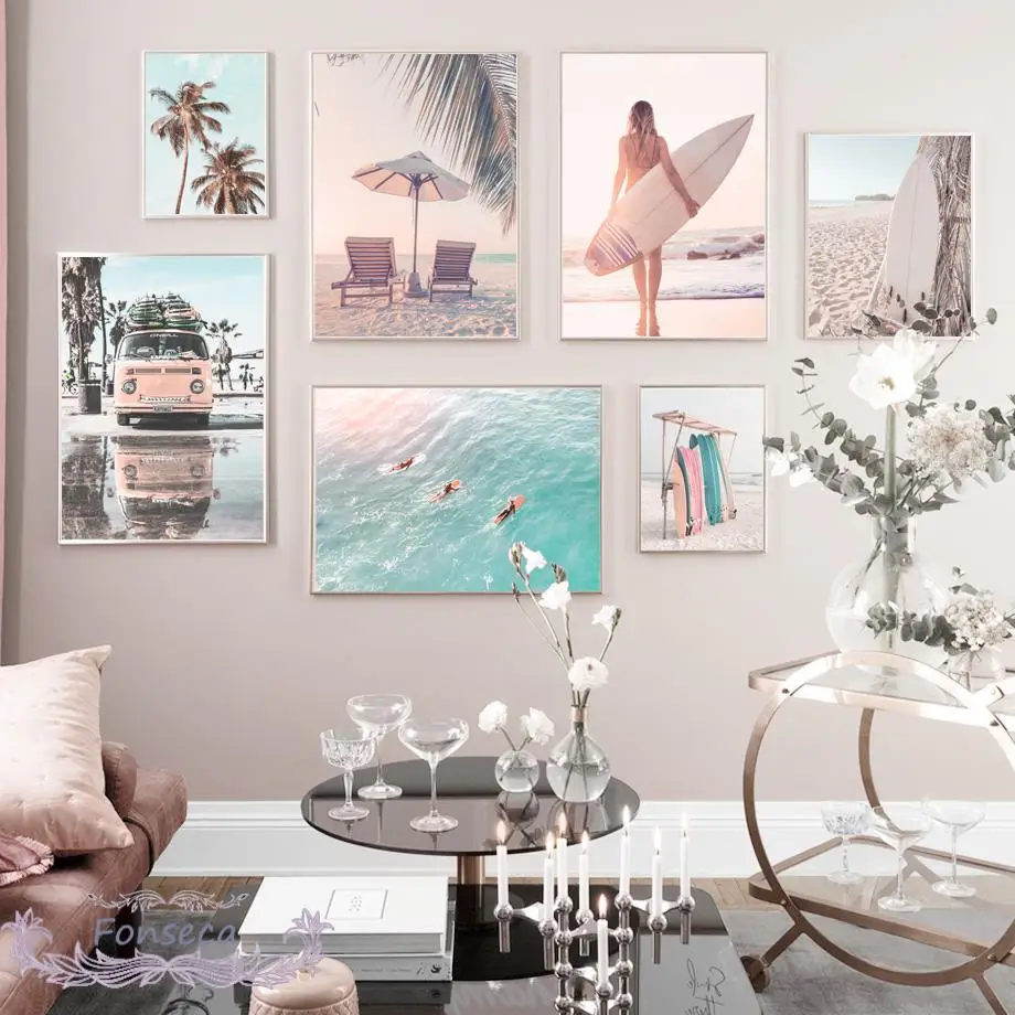 Скандинавский плакат Sunny Beach с розовым автобусом для серфинга девушка Пальма