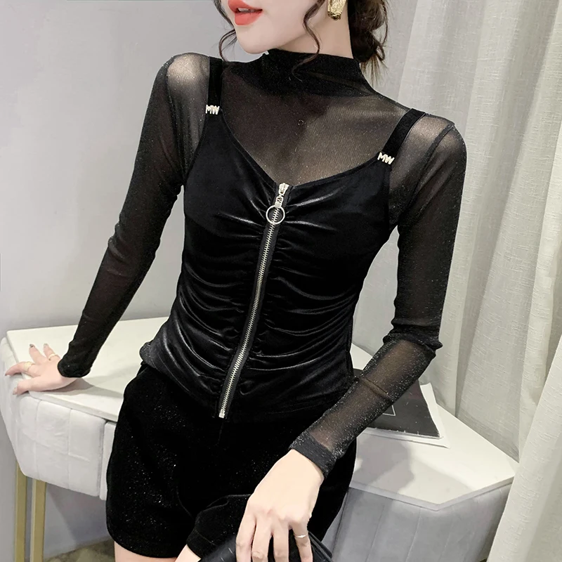 

#8931 False Two Piece T Shirt Women With Zipper Sexy Basic T Shirt Female Half High Collar Vintage T-shirt Spliced Mesh Autumn