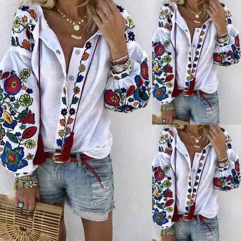 Womens Shirts Tops Long Sleeve Flower Print Casual Loose Top Fashion V-Neck Dark Buckle Lantern 2019 Early Autumn | Женская одежда