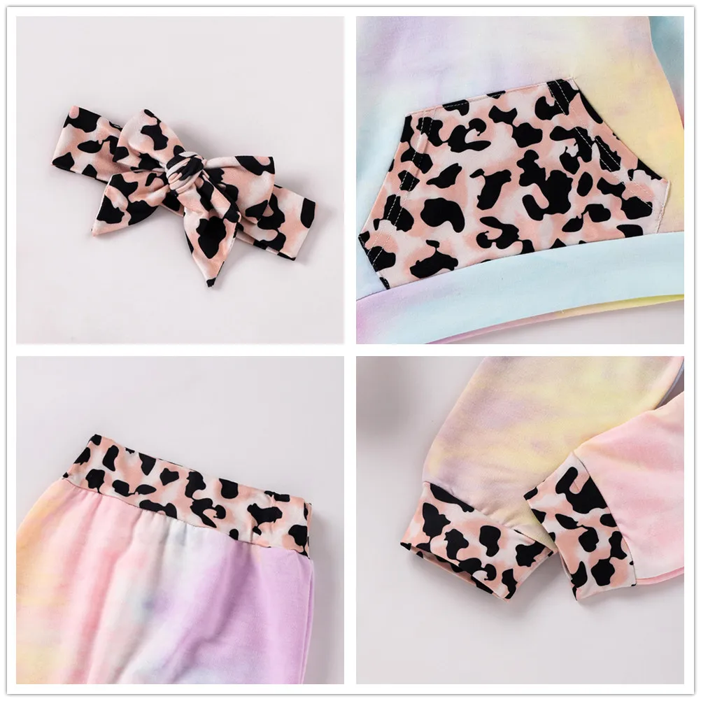 

Lunoakvo Toddler Baby Girls Fall Clothes Tie Dye Print Leopard Pullover Top+Pants+Bowknot Headband 3Pcs Outfits Set Kids Hoodies